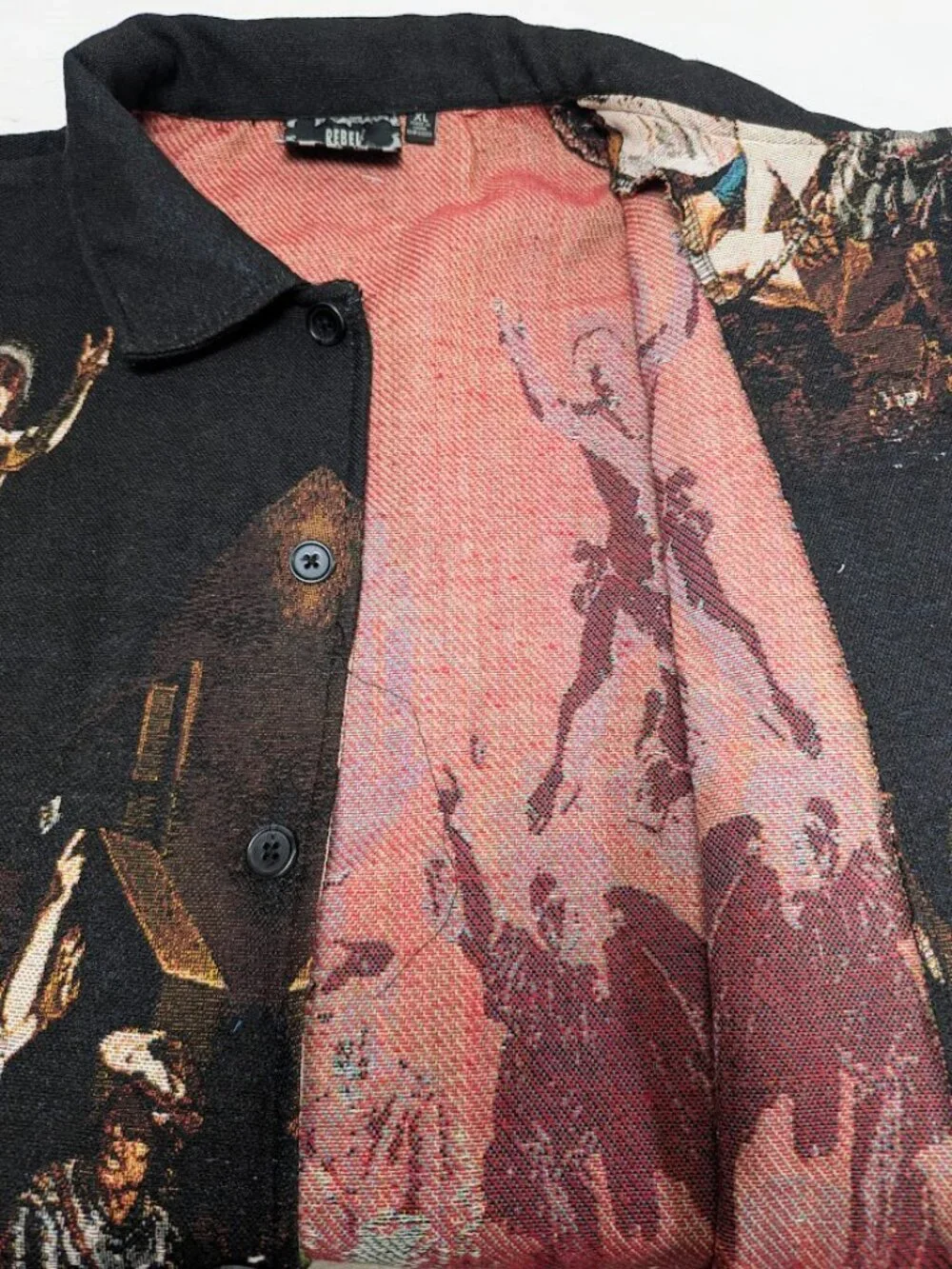 Rebel Vengeance Tapestry Jacket Shacket Mens Size XL Artsy Fall Of The Angels
